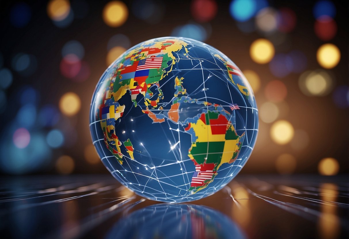 A globe surrounded by diverse symbols and flags, connected by lines representing global interconnectedness