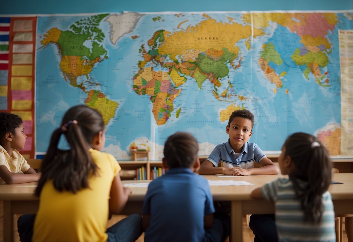 Children learning about global interconnectedness through maps, flags, and cultural artifacts in a colorful and diverse classroom setting