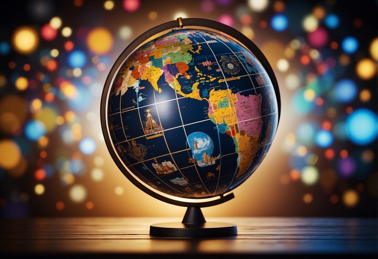 A globe surrounded by diverse cultural symbols, connected by colorful lines representing global interconnectedness