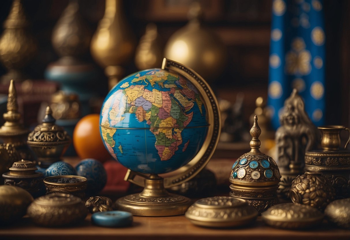 A colorful globe surrounded by traditional artifacts from different cultures