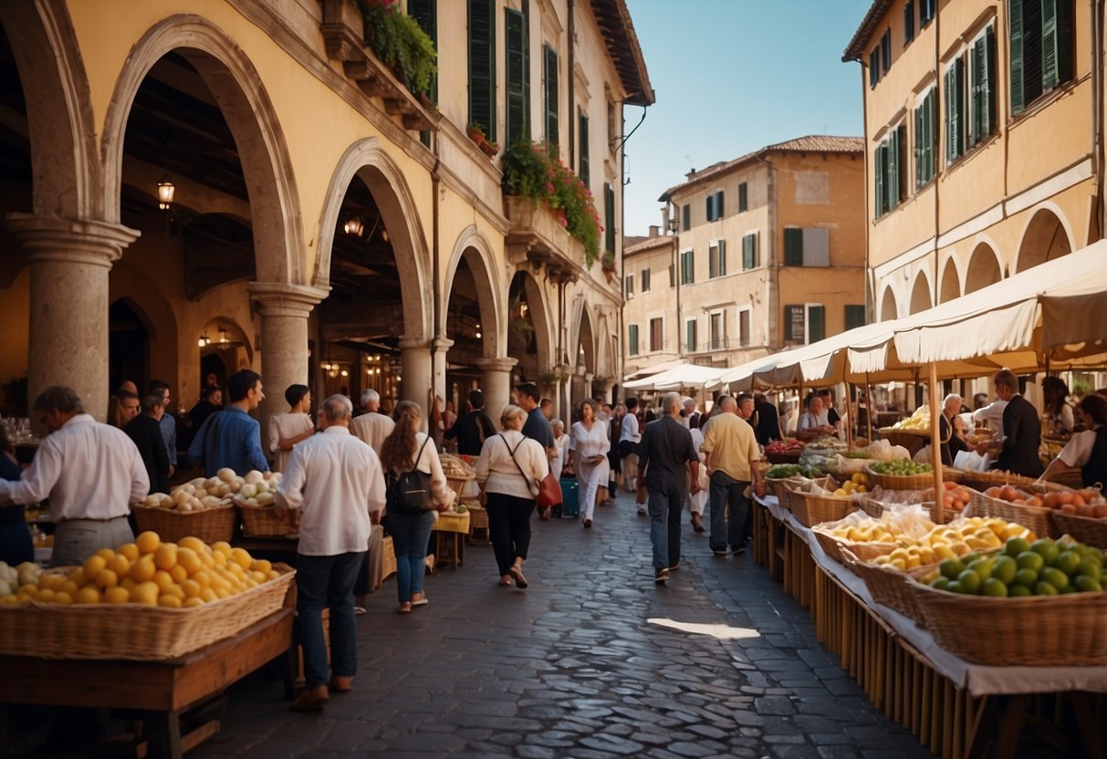 A bustling Renaissance Italian market, with colorful stalls selling goods, musicians playing lively tunes, and elegant architecture in the background