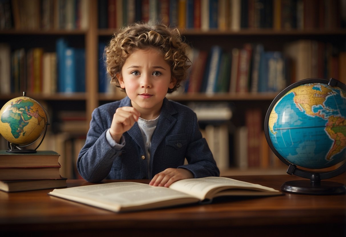 A child sits at a table with a globe, surrounded by books and images of global challenges. They engage in conversations with an adult, gesturing towards the globe and referencing the books