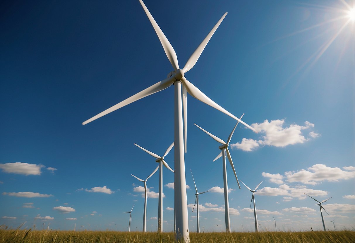 A wind turbine stands tall against a backdrop of clear blue skies, symbolizing renewable energy and the importance of sustainability