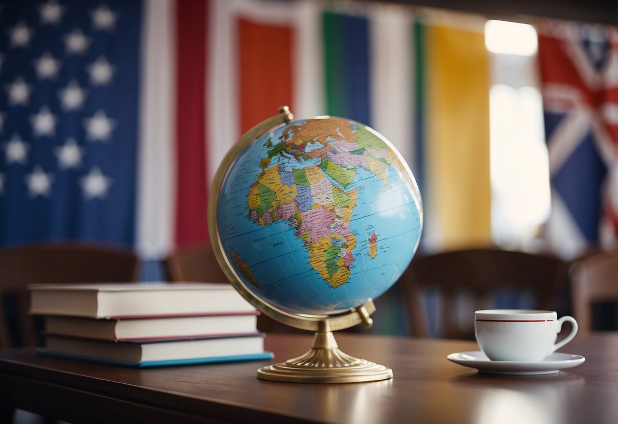 A globe surrounded by flags of different countries, with a table and chairs nearby for discussions. Books on global challenges are spread out, and a world map hangs on the wall