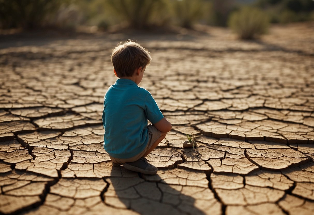 A dry, cracked earth with parched plants and animals searching for water. A map showing areas affected by the water crisis. A child listening attentively to a parent discussing global challenges