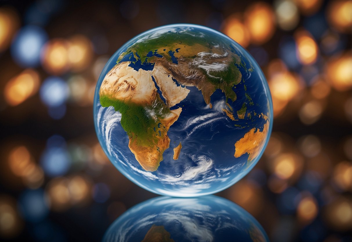 A globe surrounded by images of climate change, poverty, conflict, and sustainability. Symbols representing global challenges fill the space