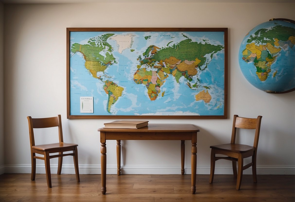 A table with two chairs facing each other, a globe, and a book on global issues. A child's drawing of the world hangs on the wall