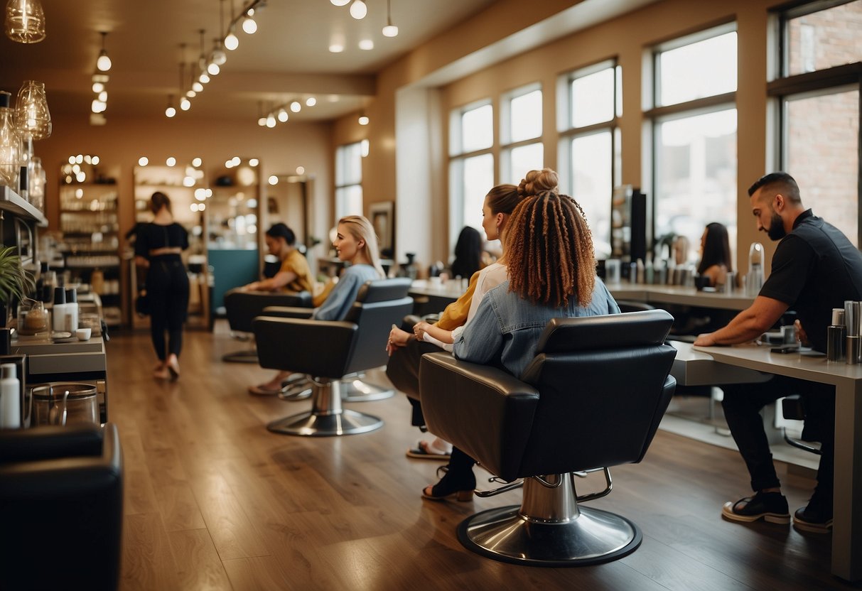 A busy hair salon with diverse clientele. Stylists engaged in conversation with customers. Colorful hair products and magazines displayed