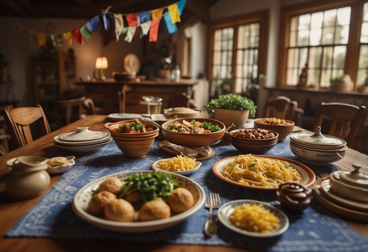 A table set with traditional dishes, colorful flags, and family heirlooms. A map of the world on the wall, showcasing different cultures. Family members sharing stories and laughter