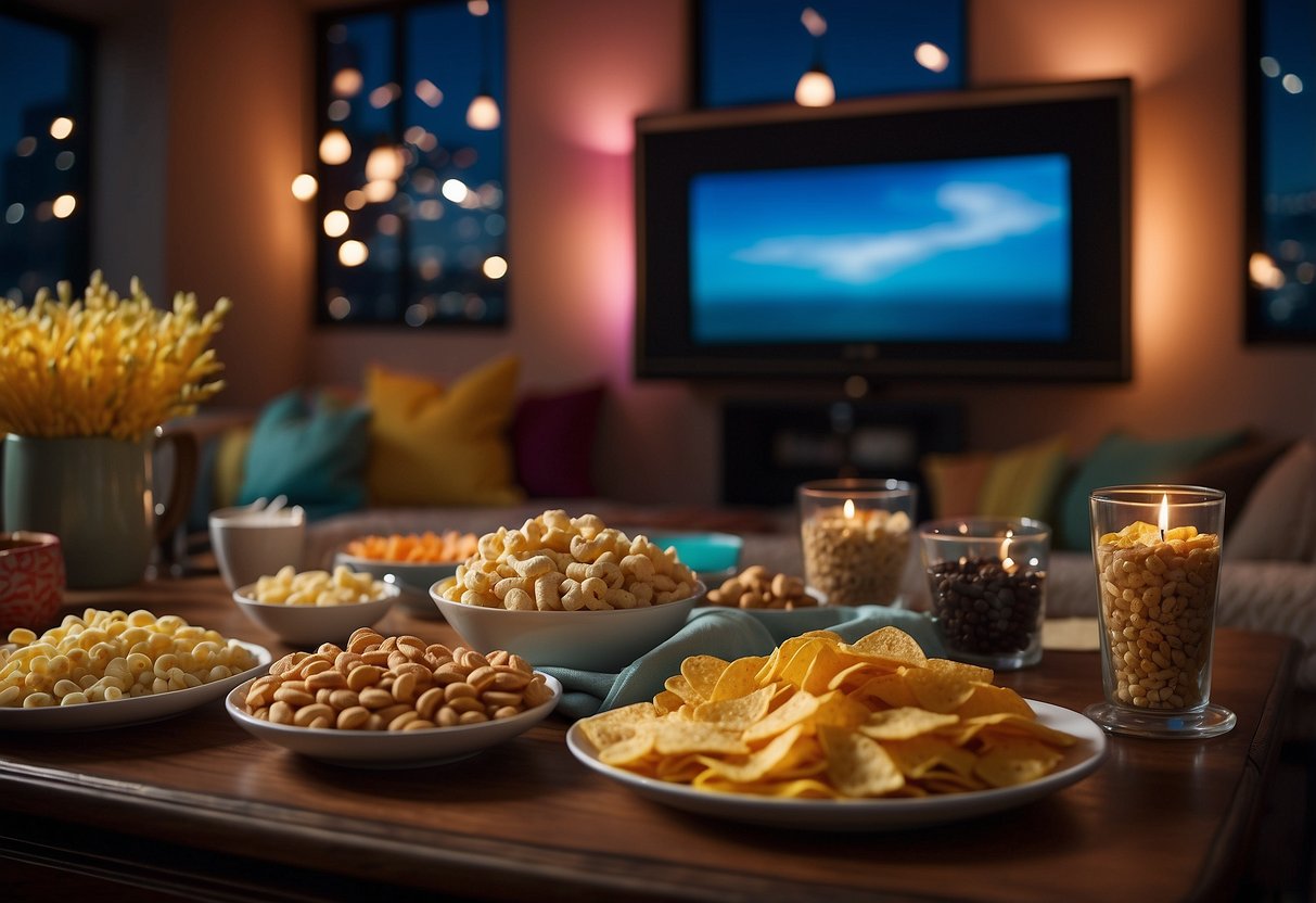 A colorful movie night setup with cultural decorations, traditional snacks, and a diverse selection of films displayed on a screen