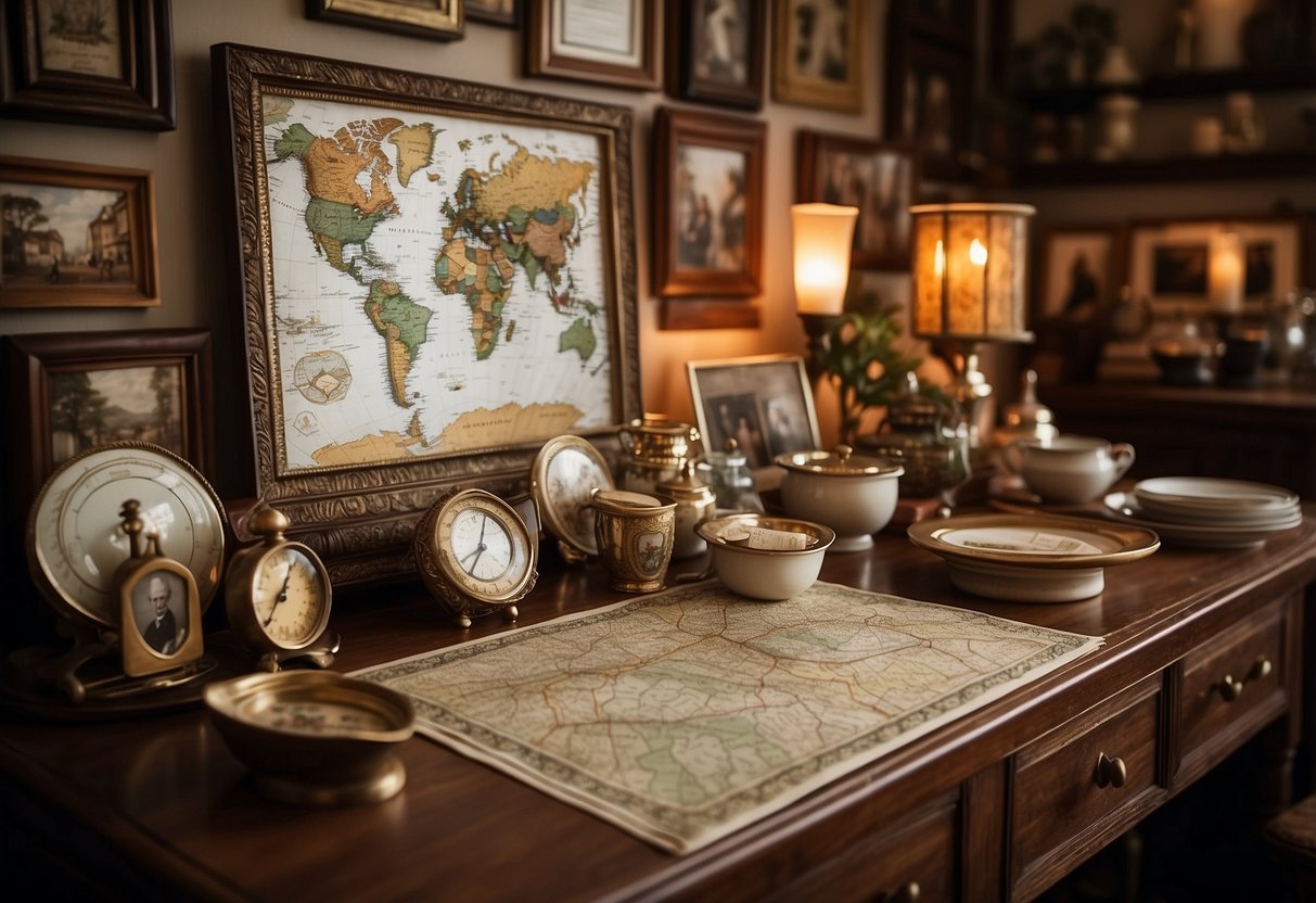 A table adorned with family heirlooms, photos, and cultural artifacts. A map of the family's ancestral homeland hangs on the wall. Traditional recipes and crafts are displayed in the background