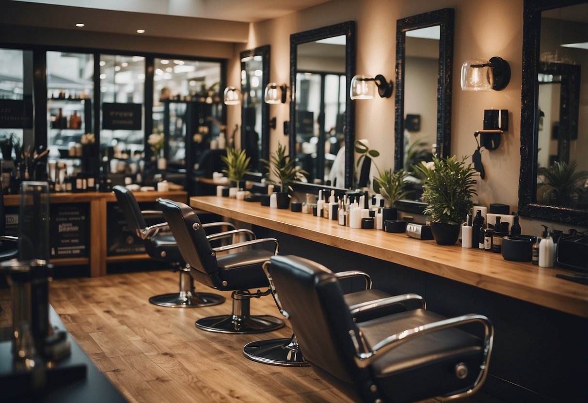 A busy hair salon with a sign promoting "Proven Strategies for Hairdressers" and a steady stream of satisfied customers