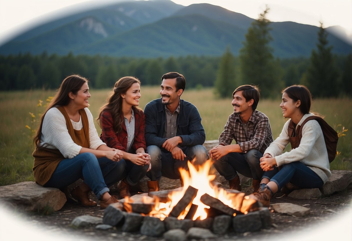 A family sitting around a campfire, sharing stories and legends from their cultural heritage. A map, traditional clothing, and artifacts are displayed nearby