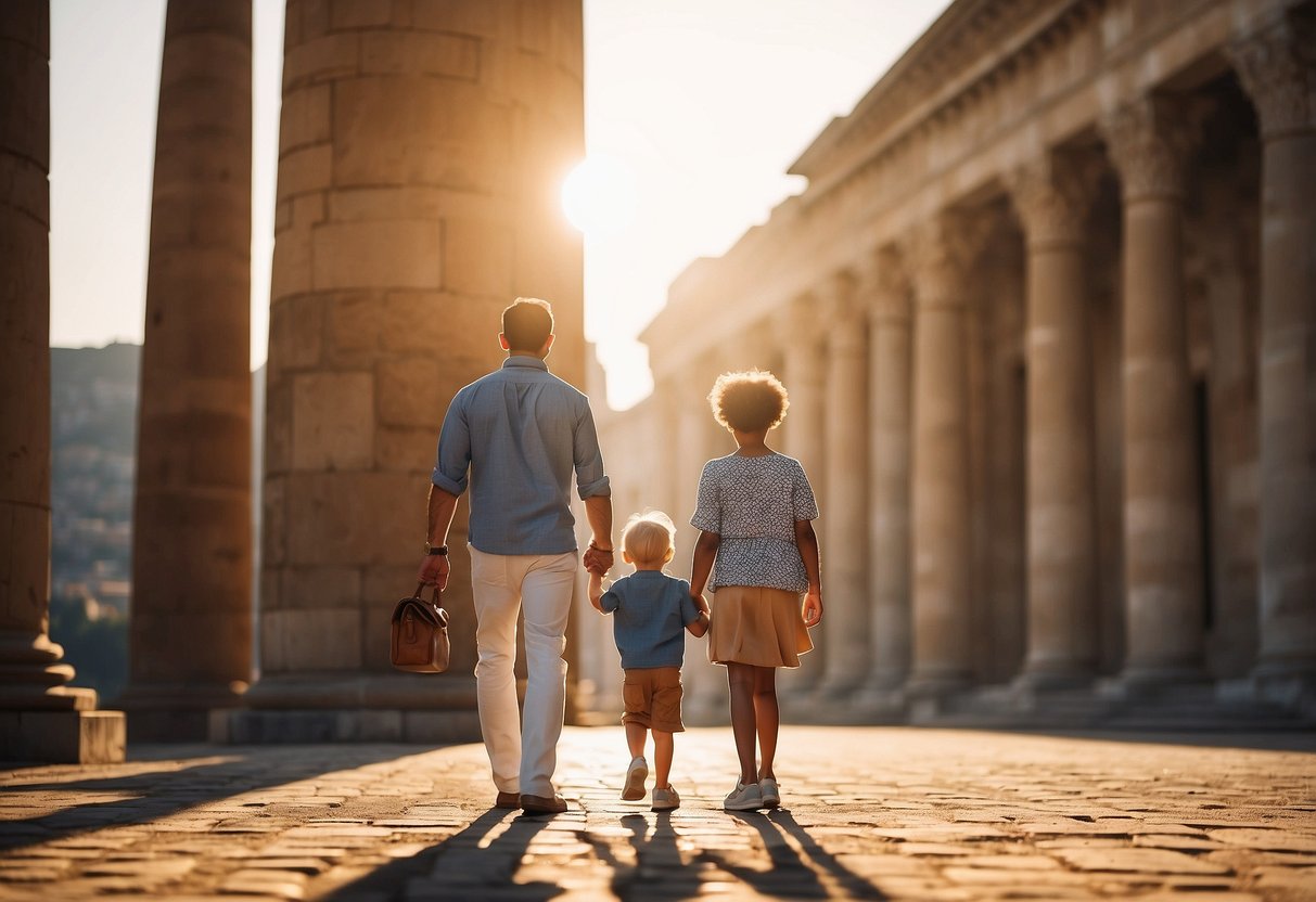 A family walks among towering historical monuments, each one representing a unique aspect of their cultural heritage. The sun casts a warm glow on the ancient structures, creating a sense of awe and reverence