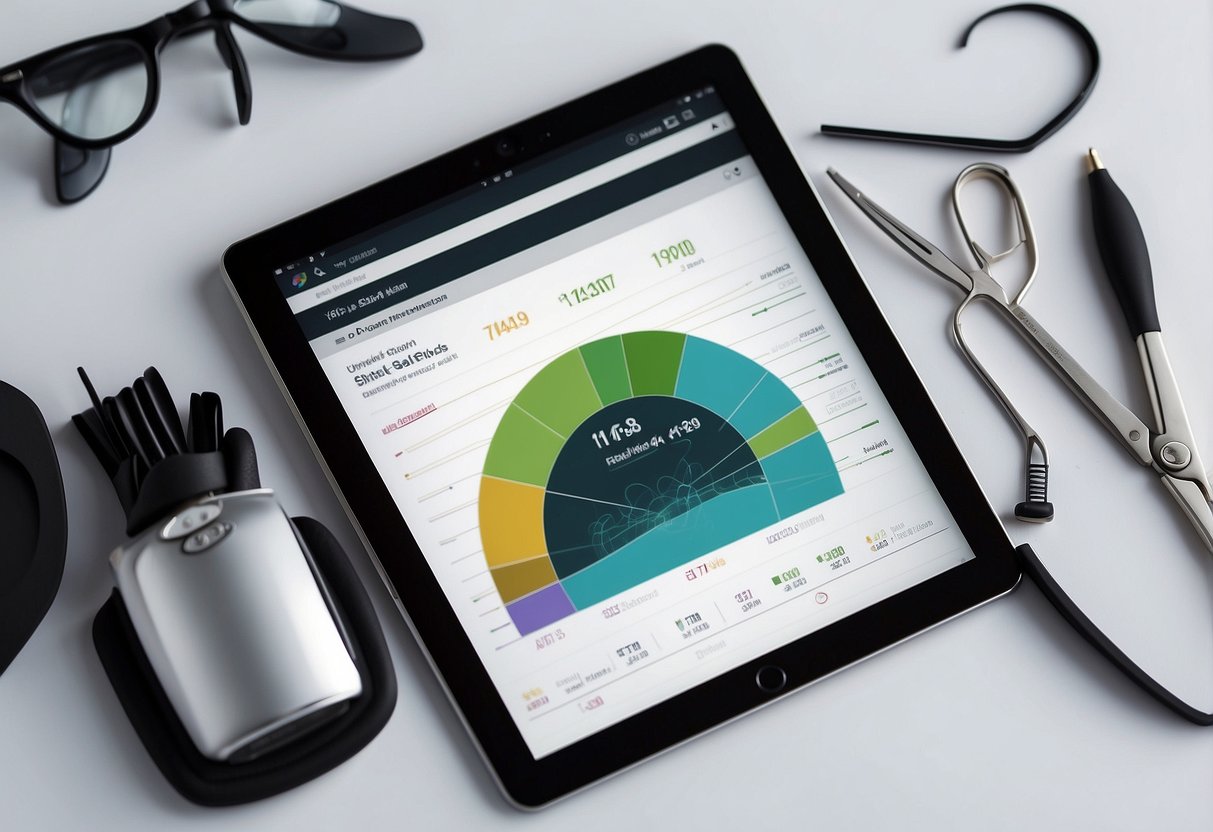 A digital tablet with a stylus displaying hair salon analytics. A graph shows client growth. Tools and scissors are nearby