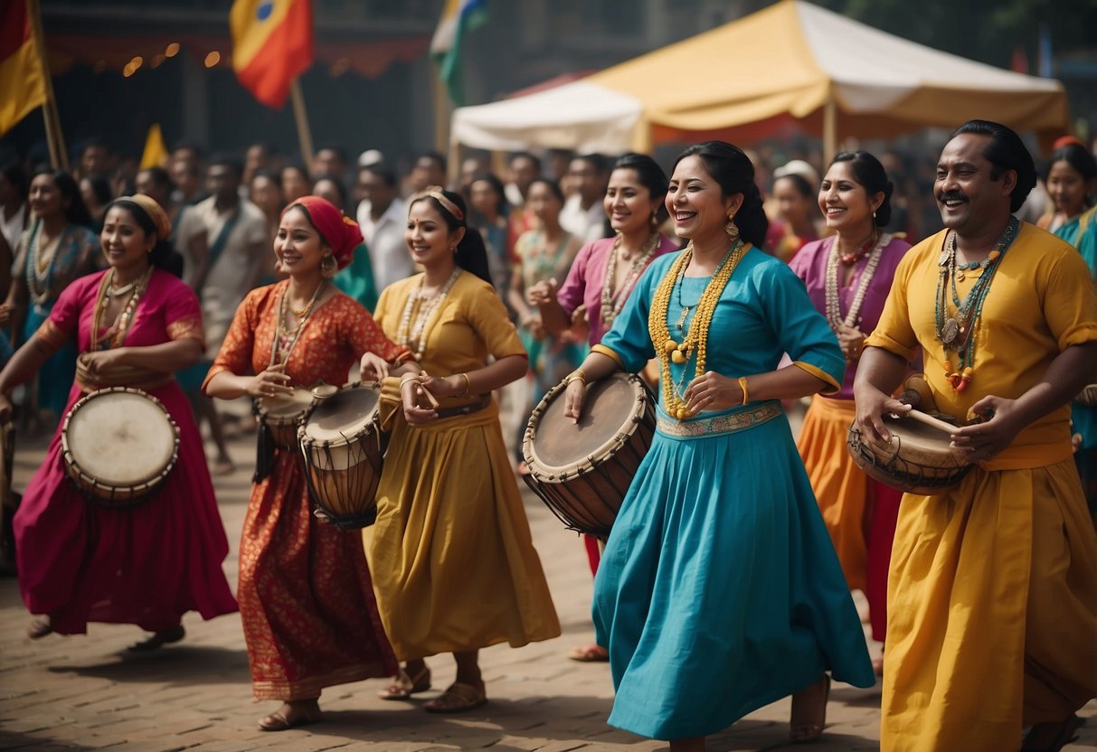 Colorful traditional instruments, like drums and flutes, surround a group of people dancing in a circle. Flags and banners with cultural symbols adorn the space