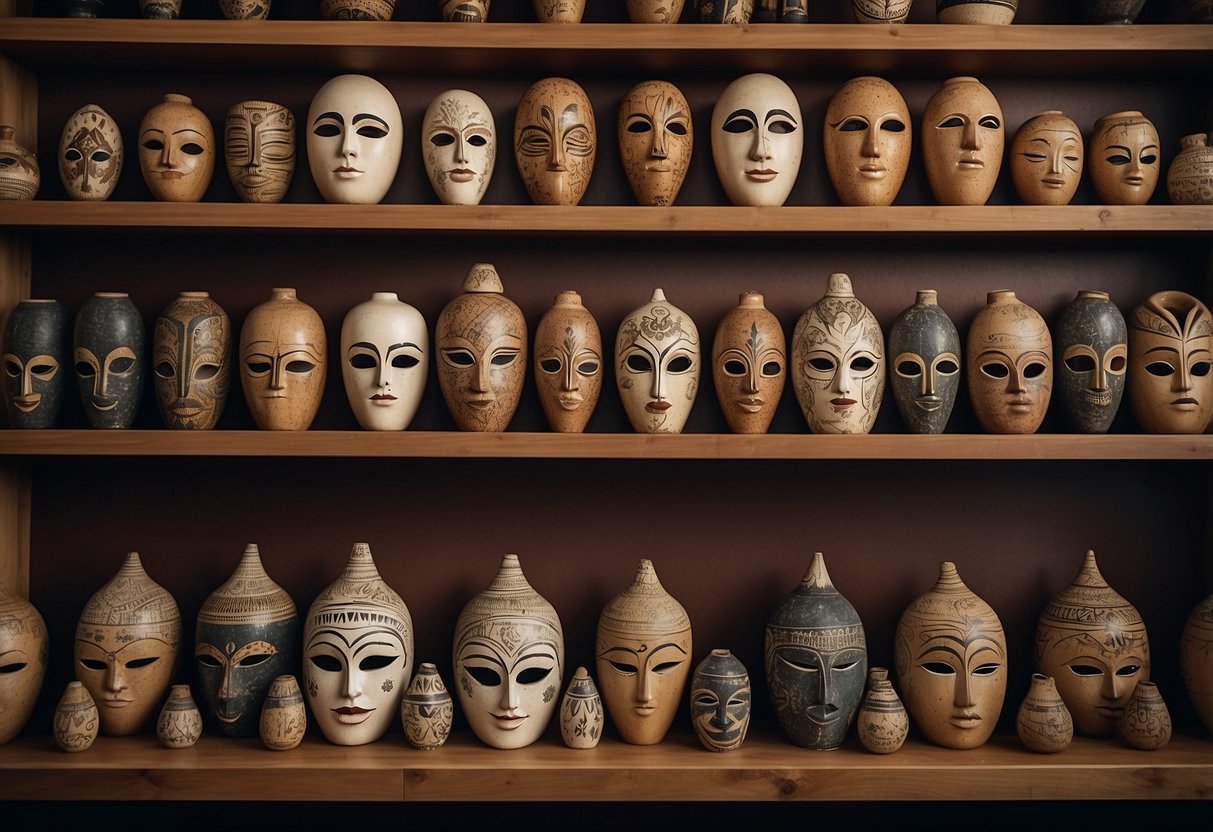 A shelf displays cultural artifacts: masks, pottery, textiles, and musical instruments. A map and family photos adorn the wall