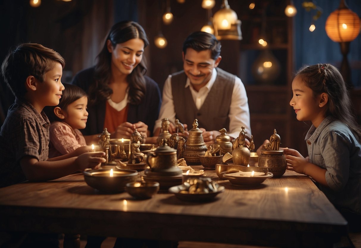 A family table with various cultural artifacts and symbols, surrounded by children eagerly listening to elders sharing stories and traditions