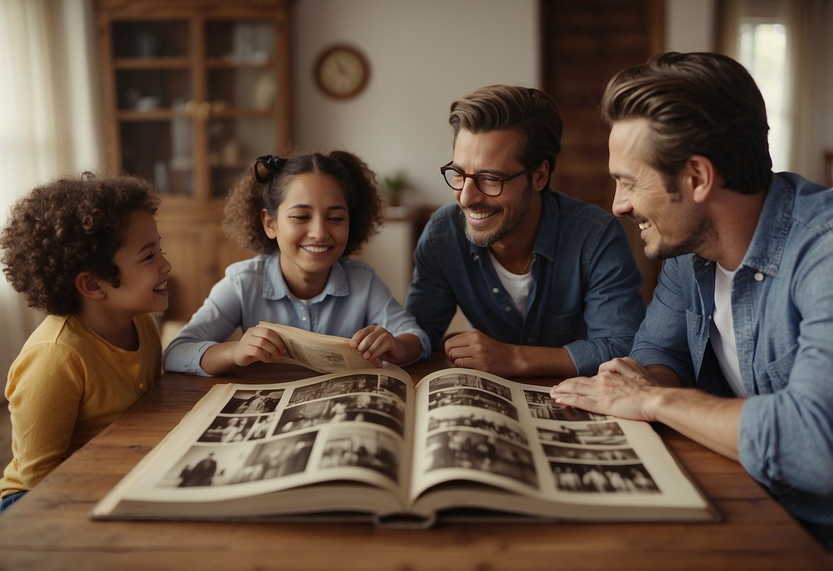 A family sitting around a table, passing down stories and traditions. An open book with old photos and artifacts. Smiles and laughter fill the room