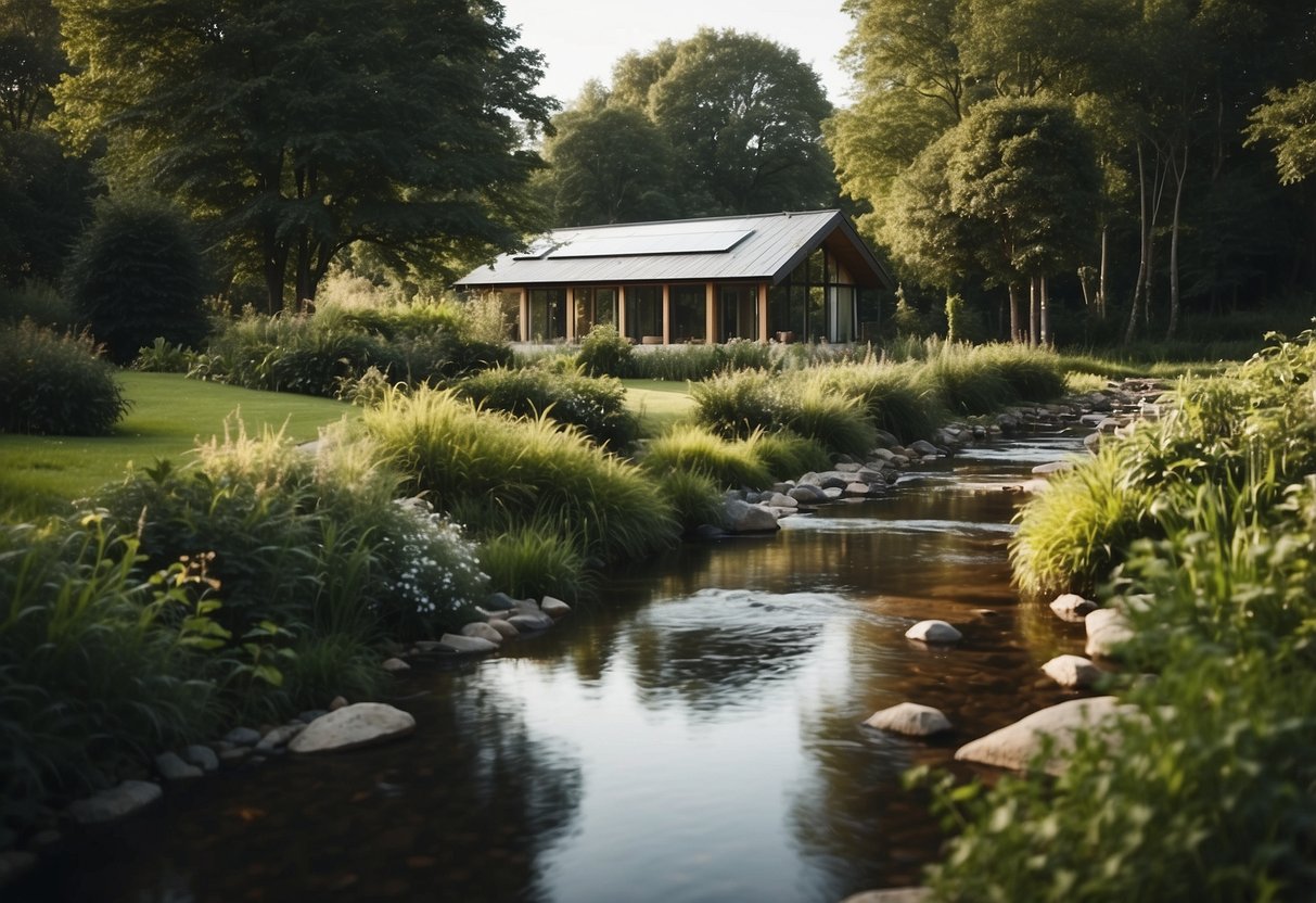 Eine ruhige Landschaft mit einem modernen, minimalistischen Haus, umgeben von üppigen, grünen Gärten und einem klaren, fließenden Bach