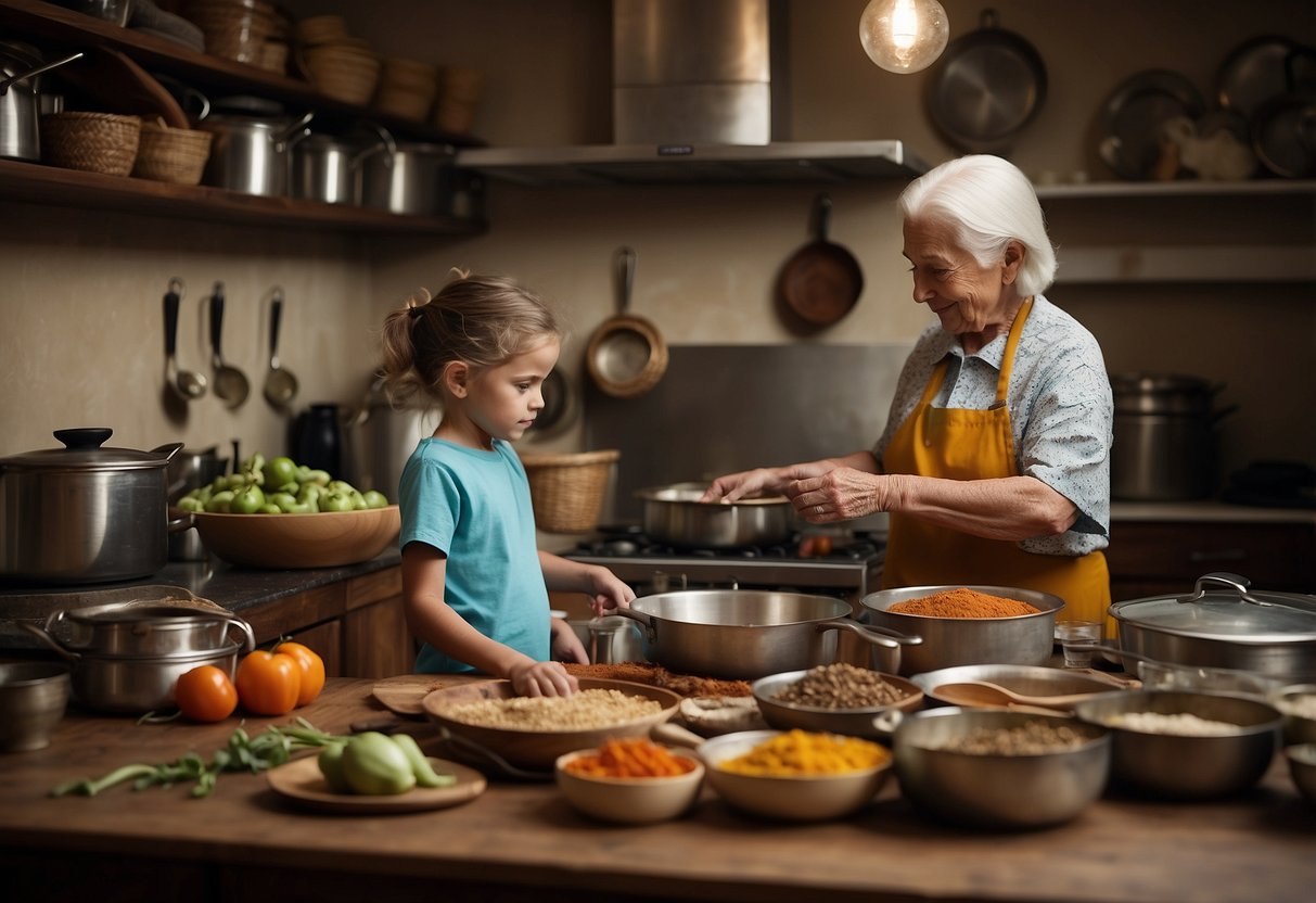 A family kitchen with spices, pots, and pans. A child watches as an elder demonstrates cooking techniques. Cultural artifacts adorn the walls