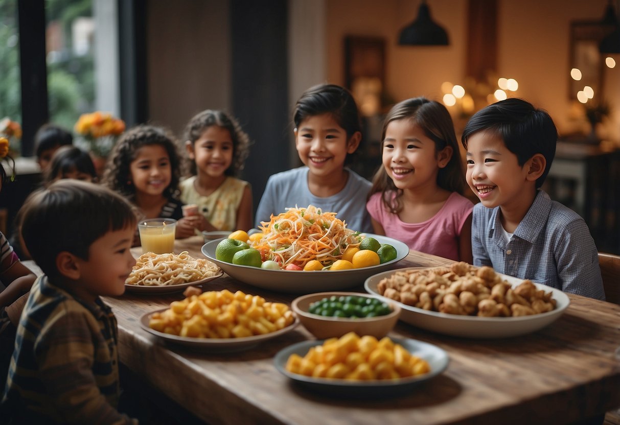 Colorful decorations and traditional foods on a table, with children and adults gathered around, smiling and laughing together