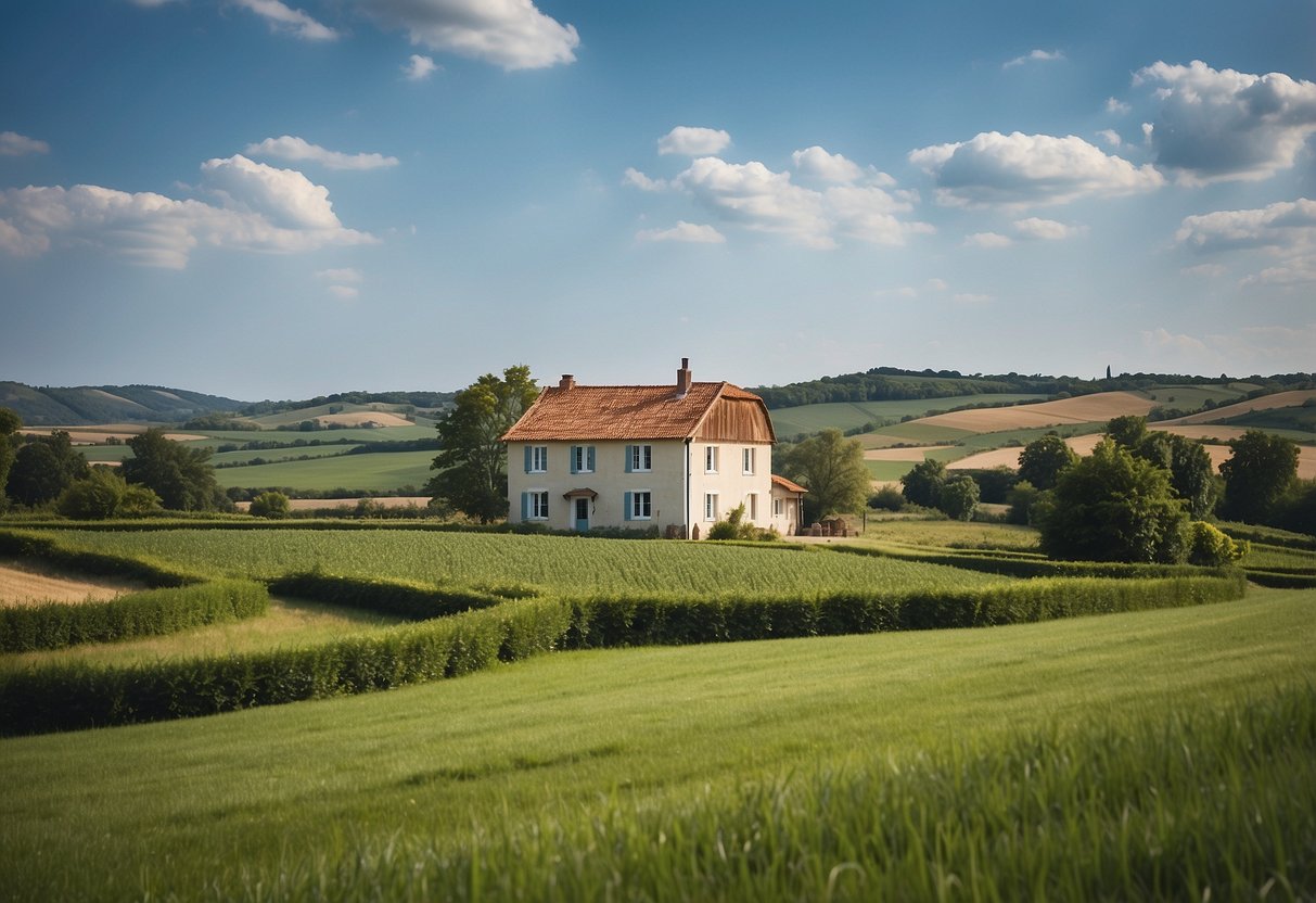 Eine ruhige Landschaft mit einem einfachen, gepflegten Haus, umgeben von üppigen grünen Feldern und einem klaren blauen Himmel, der langfristige finanzielle Sicherheit und den Weg zum Wohlstand symbolisiert