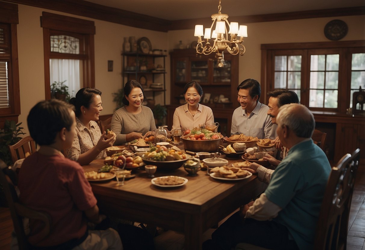 A family gathering around a table, sharing traditional dishes and telling stories. Decorations and artifacts from their culture are displayed around the room