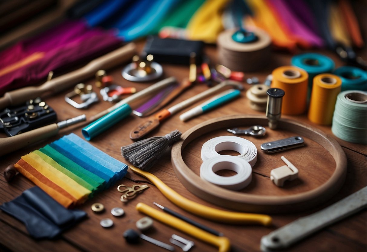 A colorful array of traditional arts and crafts materials spread out on a table, with tools and instruction books nearby