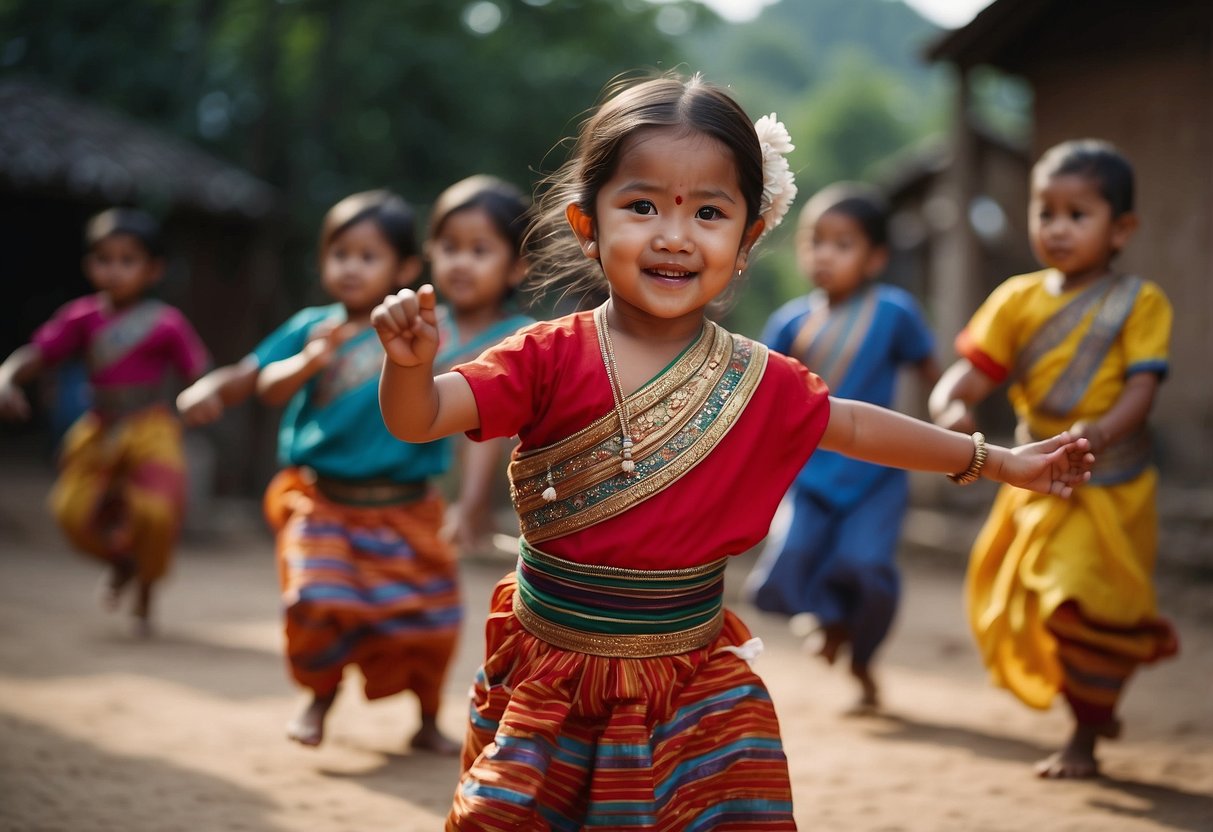 Children dancing traditional dances, cooking traditional foods, making cultural crafts, playing traditional games, and listening to stories from their cultural heritage