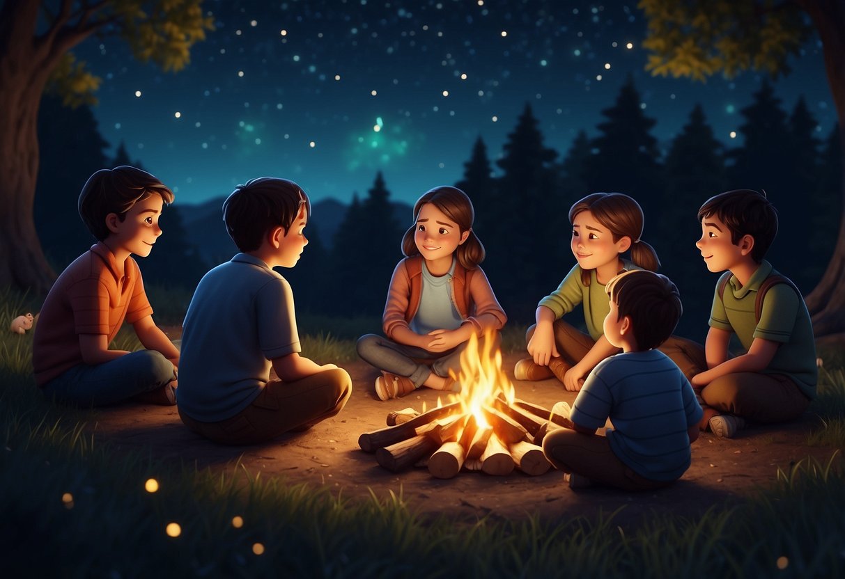 A group of children sit around a campfire, listening intently as an elder tells a captivating folktale. The night sky is filled with twinkling stars, adding to the magical atmosphere