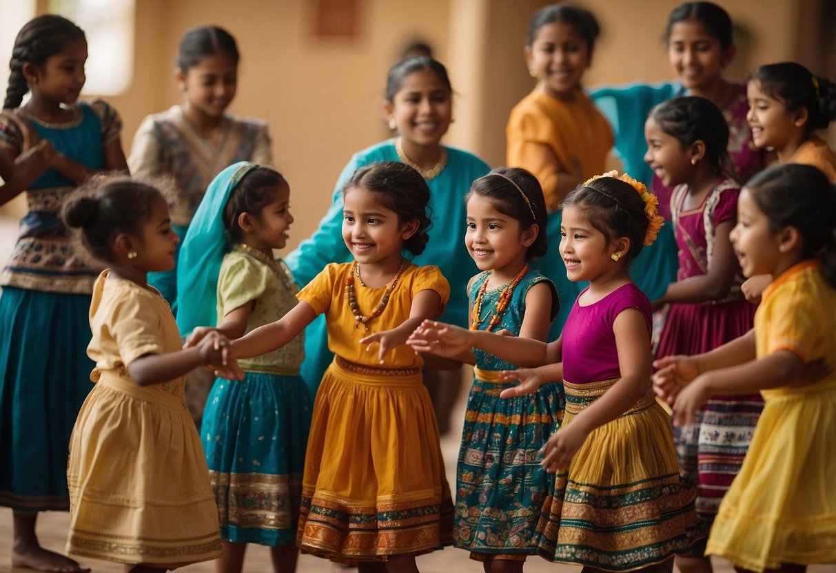 Children gather in a circle, moving to the beat of traditional music. Bright colors and patterns adorn the room, reflecting cultural heritage. A teacher leads the group in lively dance steps, fostering a sense of connection to their roots