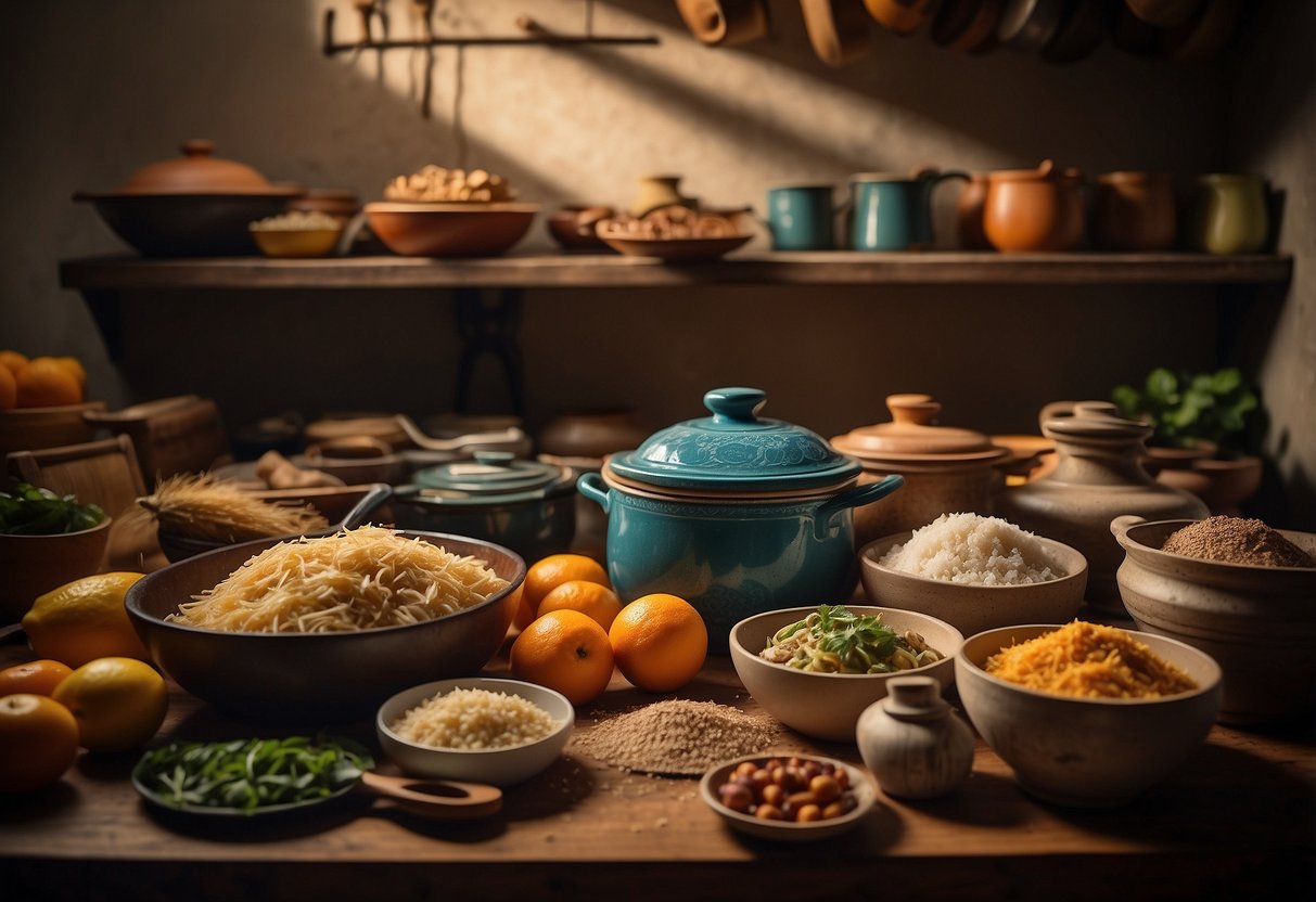 A colorful kitchen filled with traditional ingredients, pots, and utensils. A recipe book lies open, showcasing ancestral dishes. A child's drawing of their cultural heritage hangs on the wall