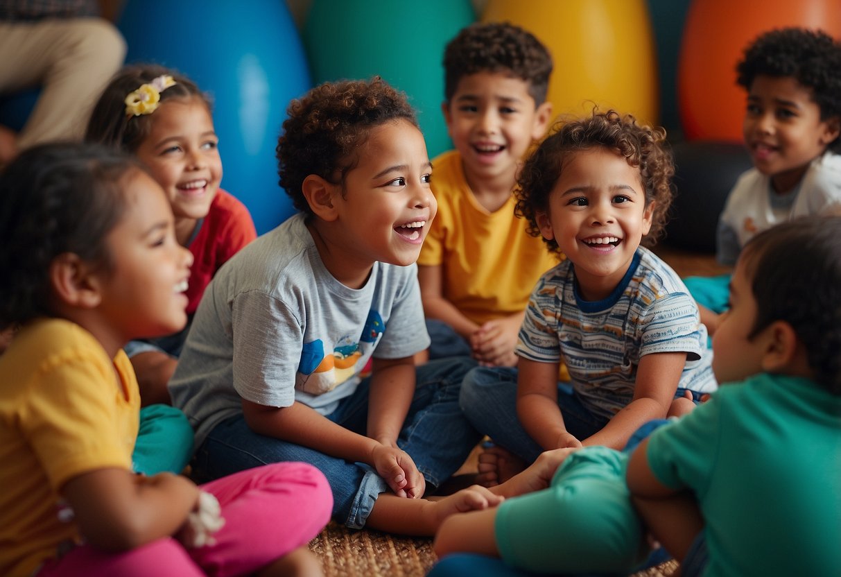 Children sit in a circle, listening to a storyteller. Around them are colorful props and cultural artifacts. The room is filled with laughter and excitement as they engage in interactive activities