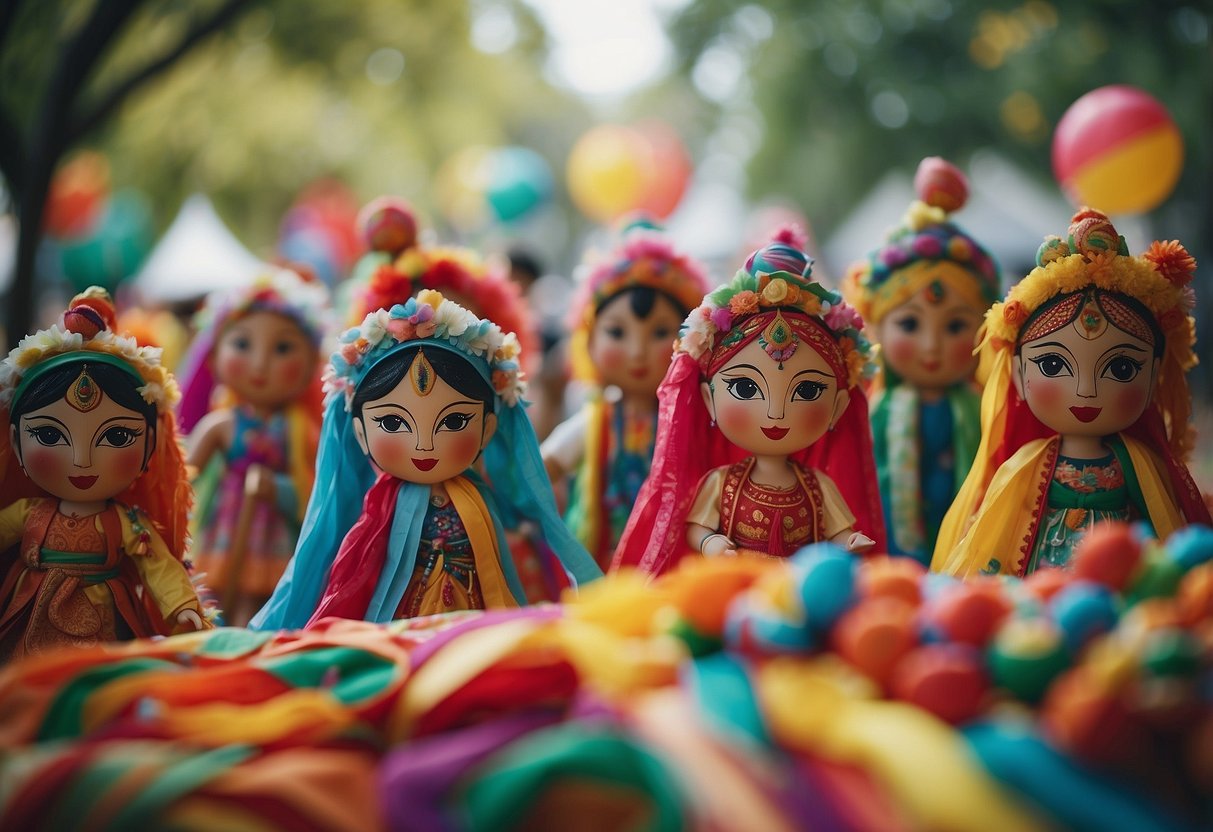 Children dancing around a colorful maypole, while others decorate traditional masks and create vibrant paper lanterns. A table is filled with diverse cultural foods and crafts