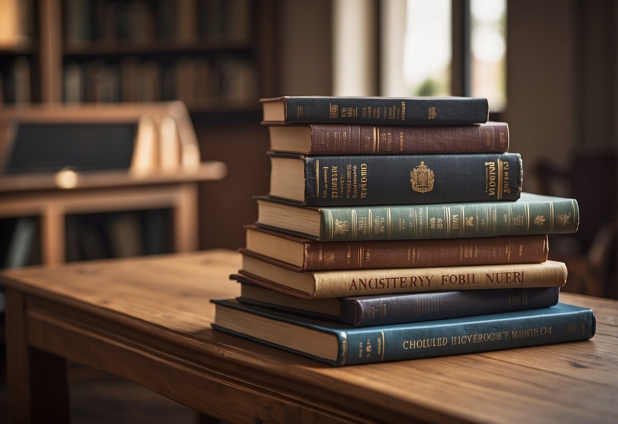 A stack of books on ancestry, with titles like "8 Ways to Teach Your Child About Their Ancestry," arranged on a wooden table