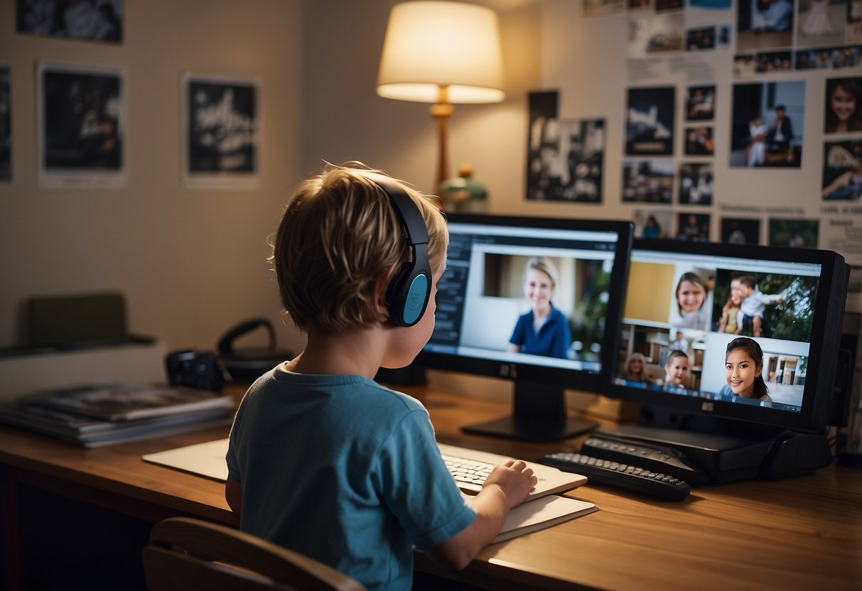 A child sits at a computer, surrounded by family photos and documents. A family tree is displayed on the screen, linking generations together