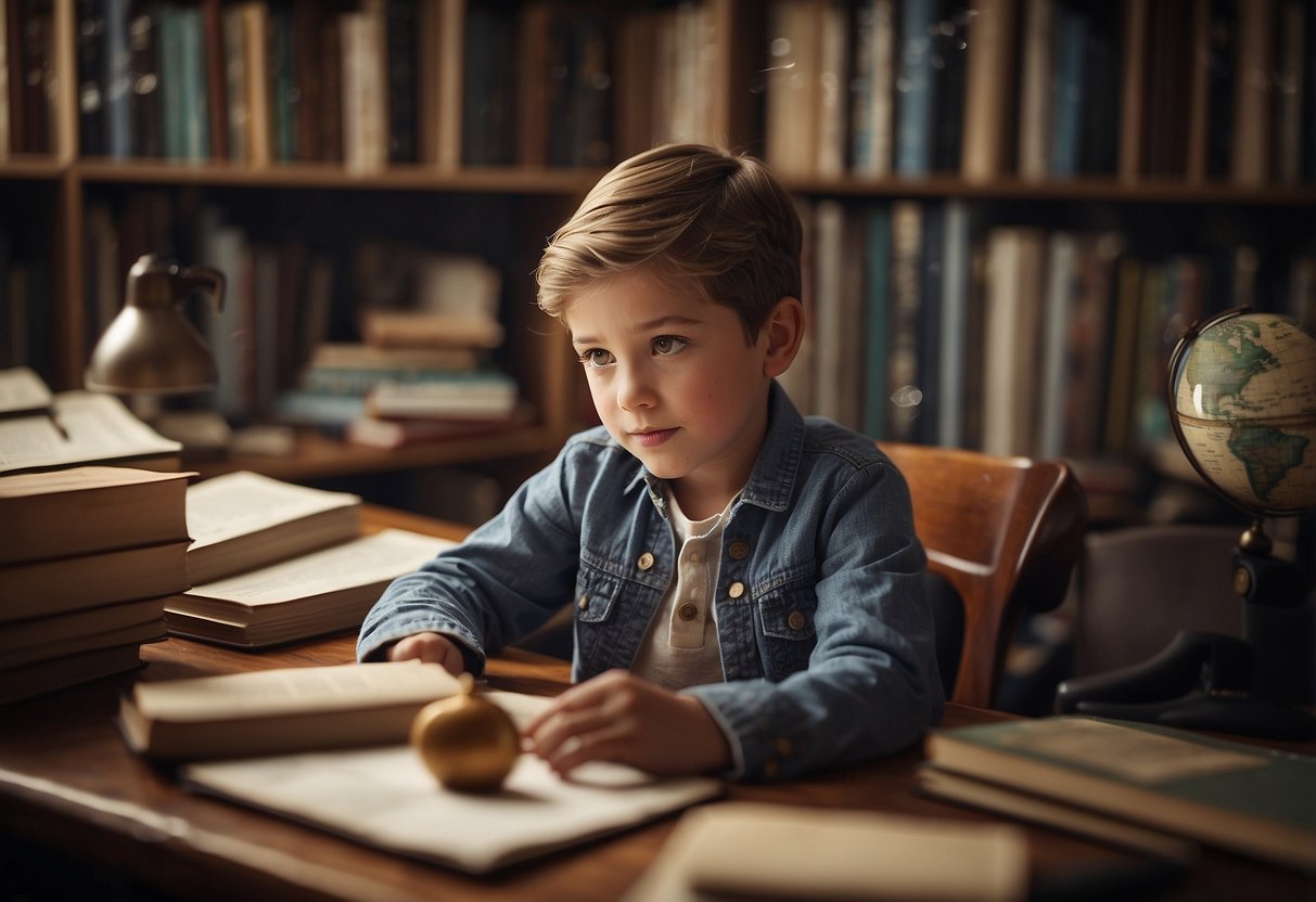 A child sits at a desk surrounded by books and a computer, exploring their family tree. Photos and documents are spread out, showing the child's curiosity and excitement about learning about their ancestry