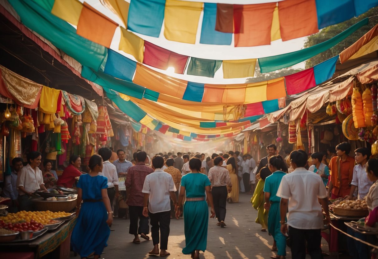 Colorful banners hang above a bustling street filled with food stalls, music, and dance. Children eagerly participate in traditional activities from different cultures, surrounded by vibrant costumes and joyful laughter