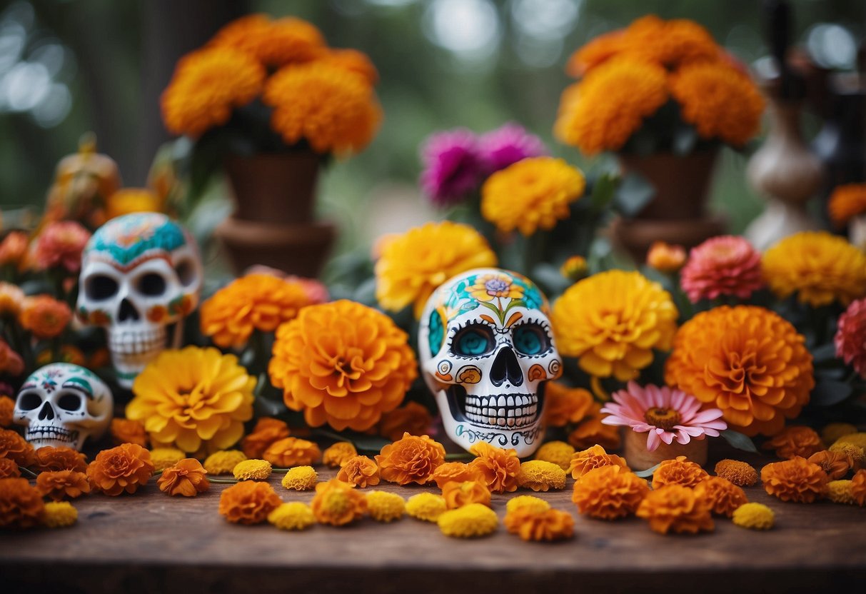 Vibrant altars adorned with marigolds, papel picado, and sugar skulls. Families gather to honor ancestors, sharing food and music