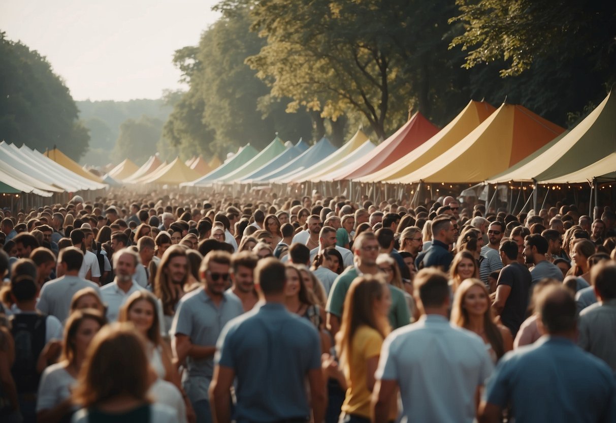 Crowds of people gather in a lively outdoor festival, with colorful tents, traditional German music, and the scent of delicious food and beer filling the air