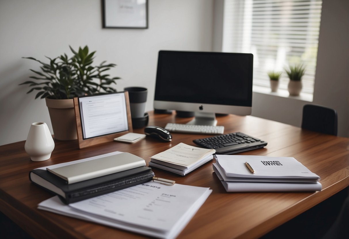 A serene office desk with a neatly organized stack of papers, a closed laptop, and a pen resting on top. A framed motivational quote hangs on the wall