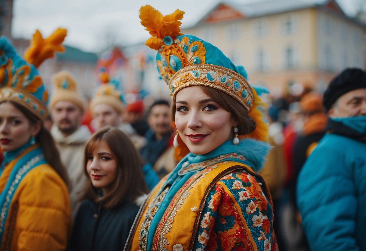 Vibrant Maslenitsa festival in Russia, with colorful traditional costumes, music, and dancing. Festive atmosphere with food stalls and carnival games