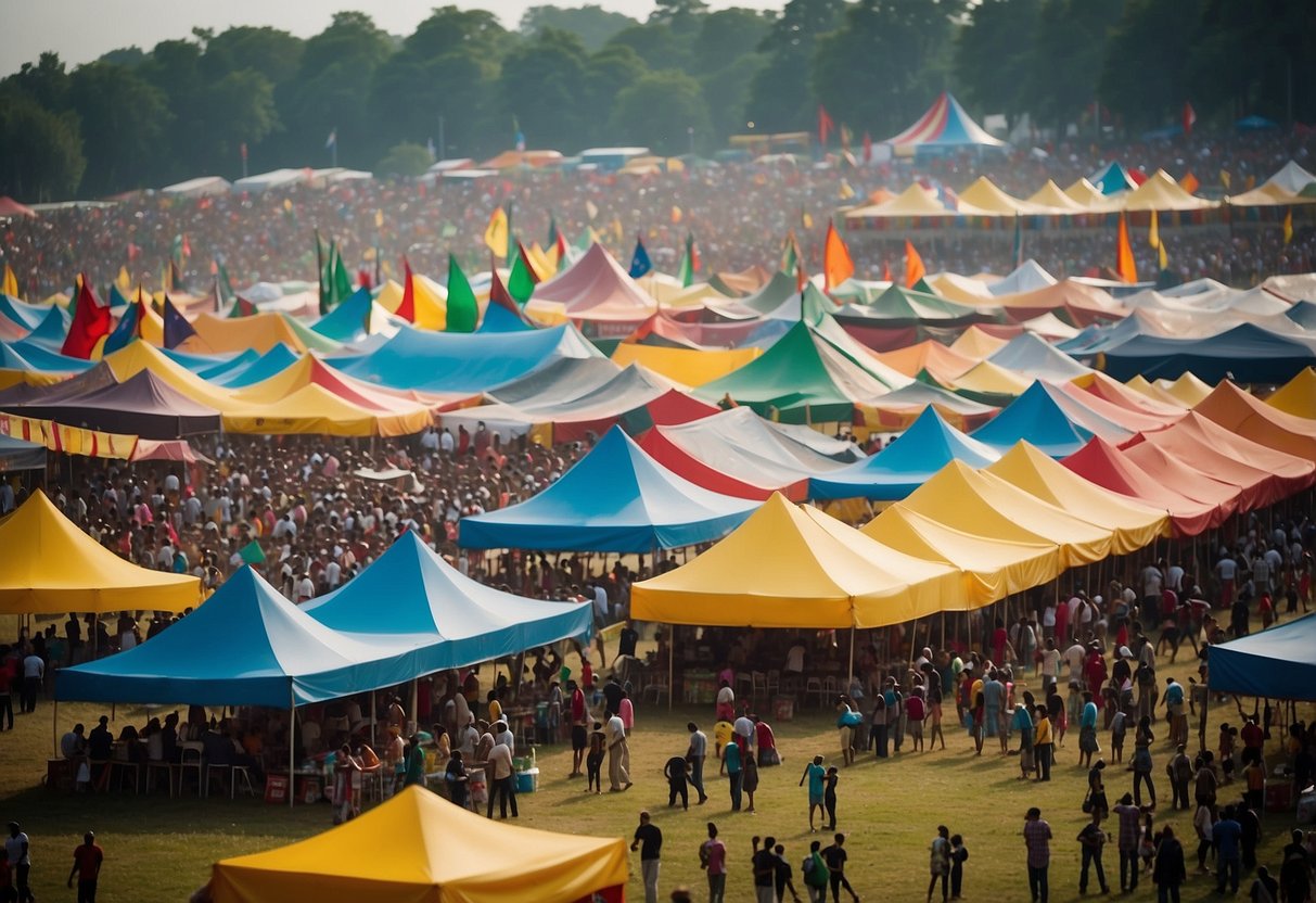 Crowds gather around colorful tents and stages at various cultural festivals. Music fills the air as families explore food vendors and art displays. Flags from different countries wave in the breeze, creating a vibrant and lively atmosphere