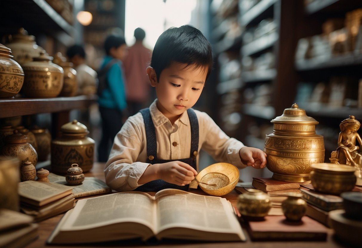 Children surrounded by cultural artifacts, books, and maps. Displaying traditional crafts and foods. Engaging in storytelling and cultural activities