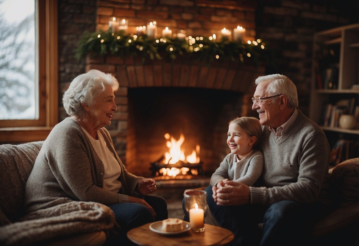 Grandparents sit around a cozy fireplace, sharing stories and traditions with eager children. Artifacts and family photos decorate the room, creating a warm and inviting atmosphere