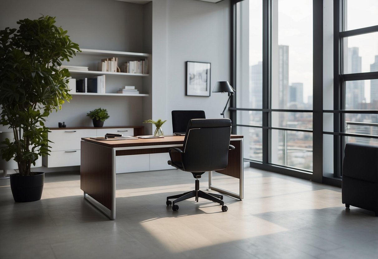 A serene, elegant office with a desk and chair. A confident professional politely declines a client with grace and poise