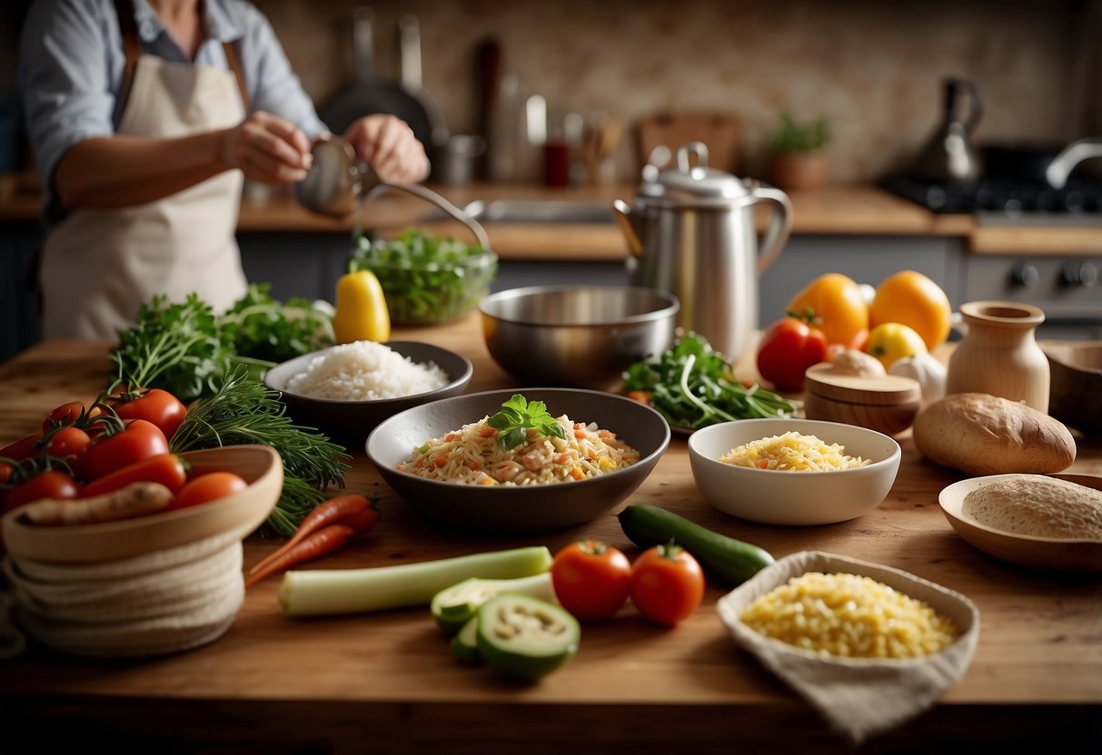 A family kitchen with various ingredients and cooking utensils laid out on a wooden table. A recipe book open to a traditional dish, with children and adults working together to prepare the meal