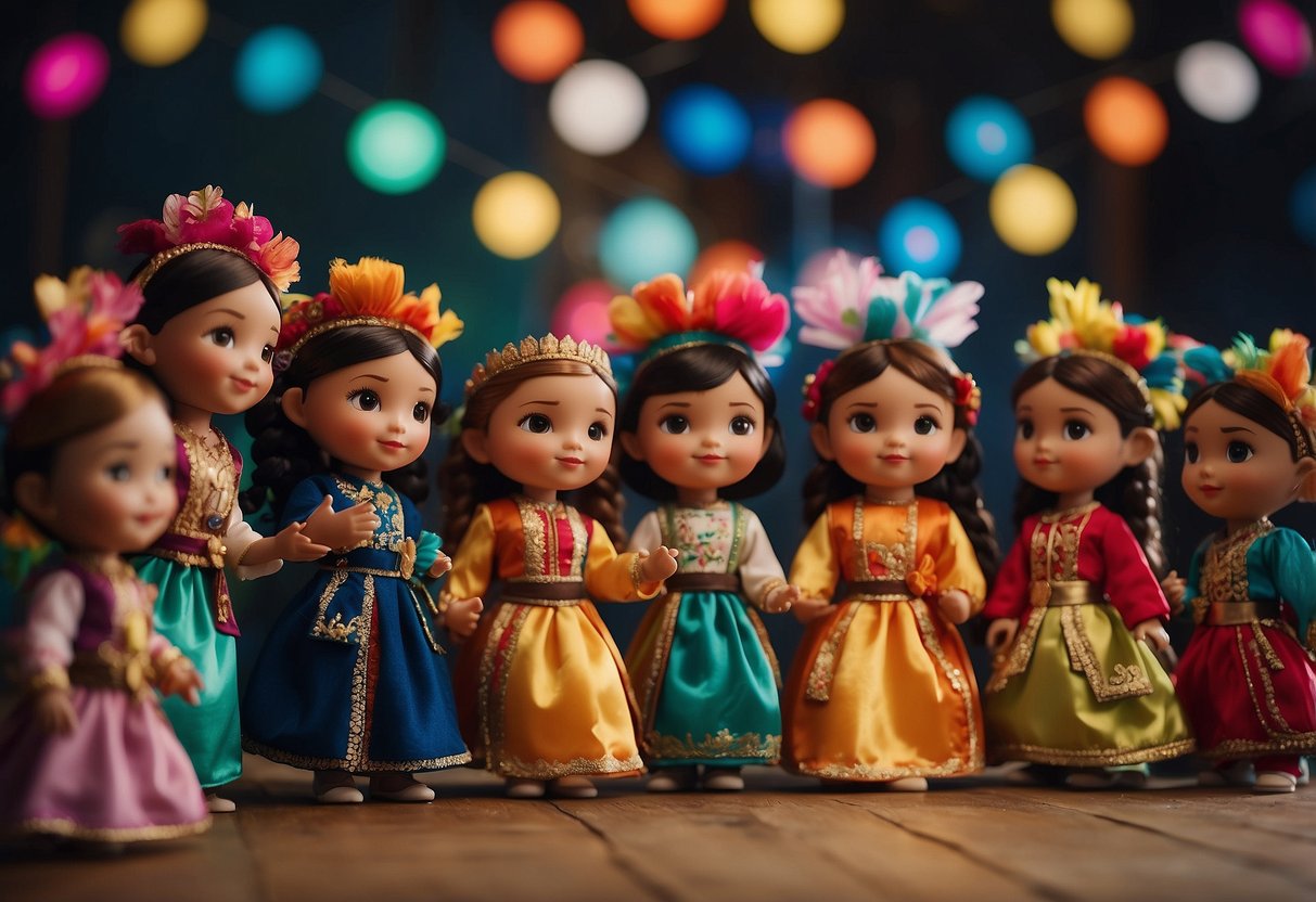 Children gather in a circle, singing and dancing to traditional folk songs. They are surrounded by colorful costumes and props representing their cultural heritage