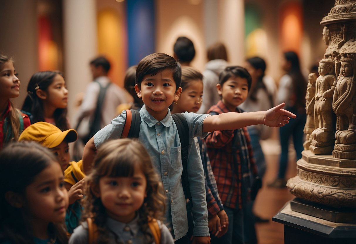 A group of children explore colorful cultural artifacts in a museum, learning about their heritage with excitement and curiosity